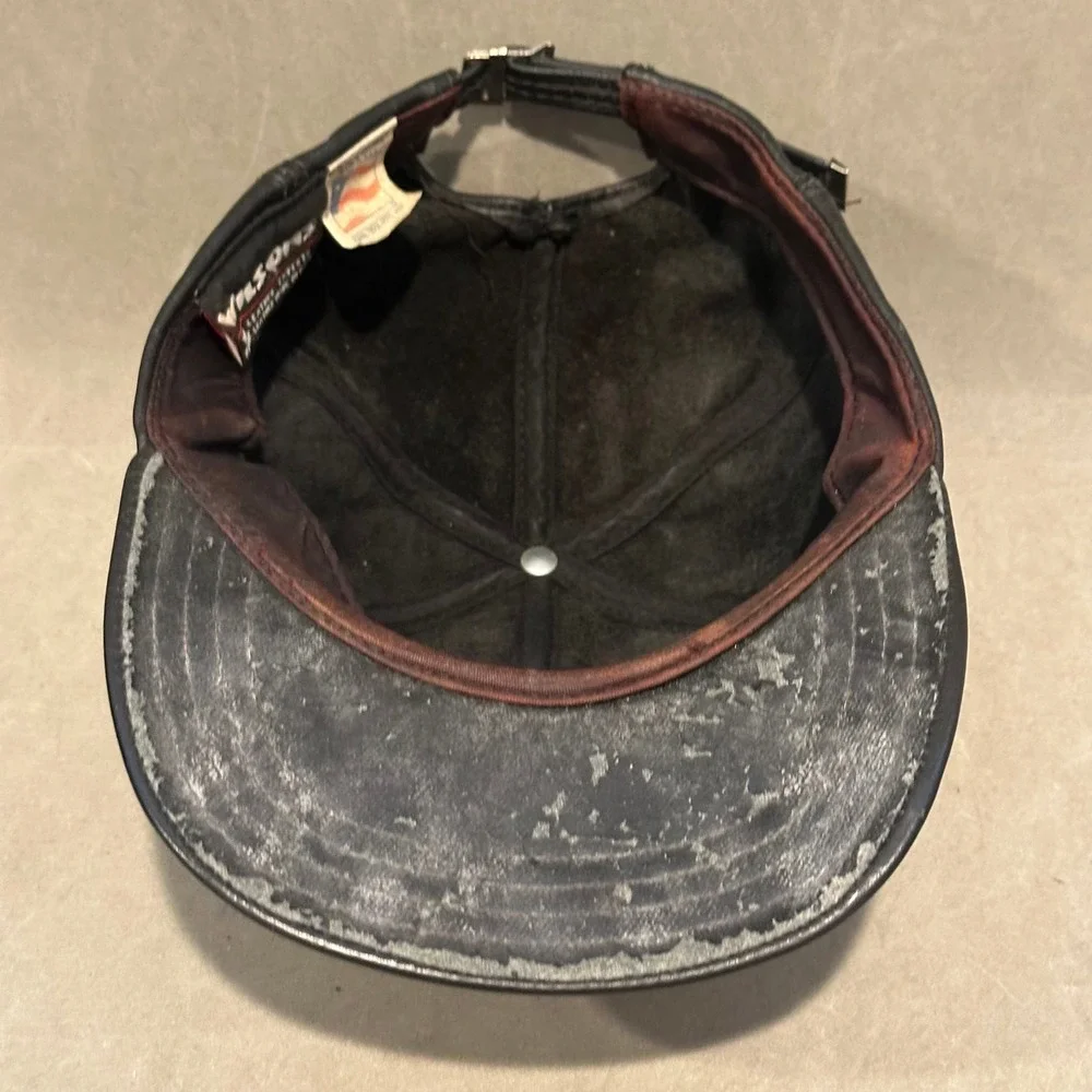 Wilsons Leather Experts Black Leather Baseball Cap Hat Made in USA Vintage